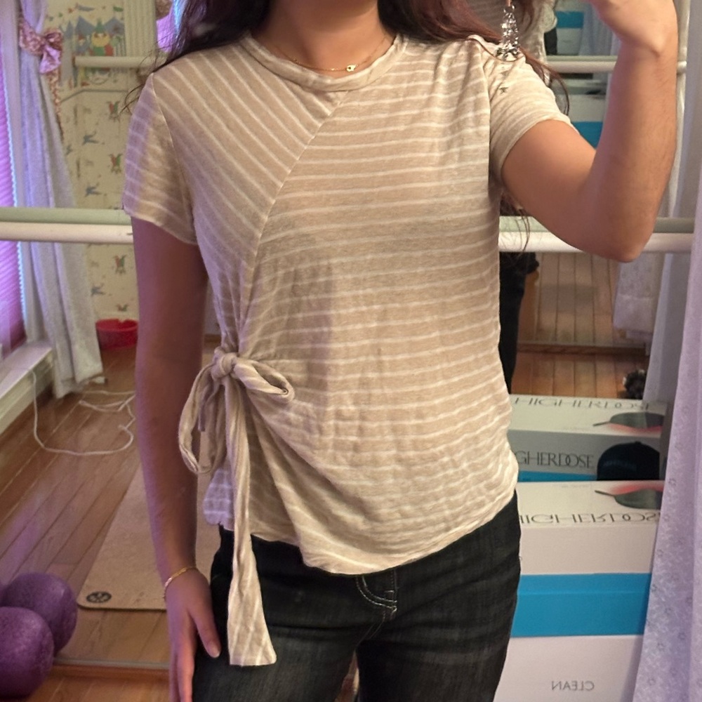 Lush Beige Asymmetrical Tie Stripe Tee